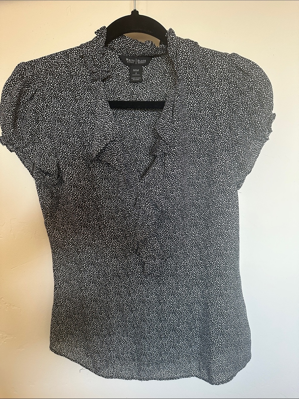 White House Black Market Black and White Microdot Silk Ruffle V-Neck Blouse